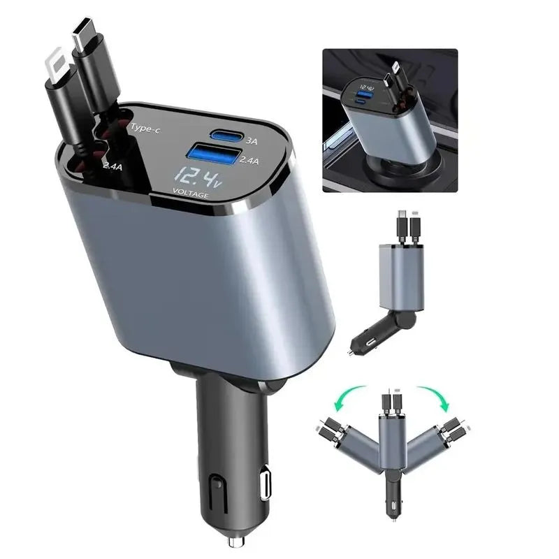 Cargador de Auto retráctil para teléfono - Carga rápida - Iphone y Android - Usb, Lightning typo C
