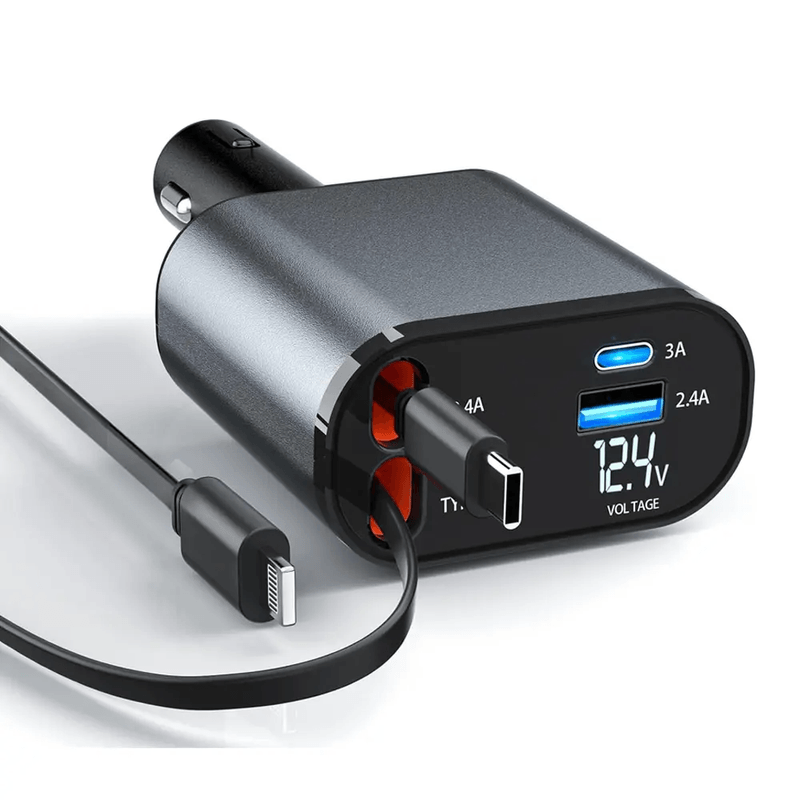 Cargador de Auto retráctil para teléfono - Carga rápida - Iphone y Android - Usb, Lightning typo C
