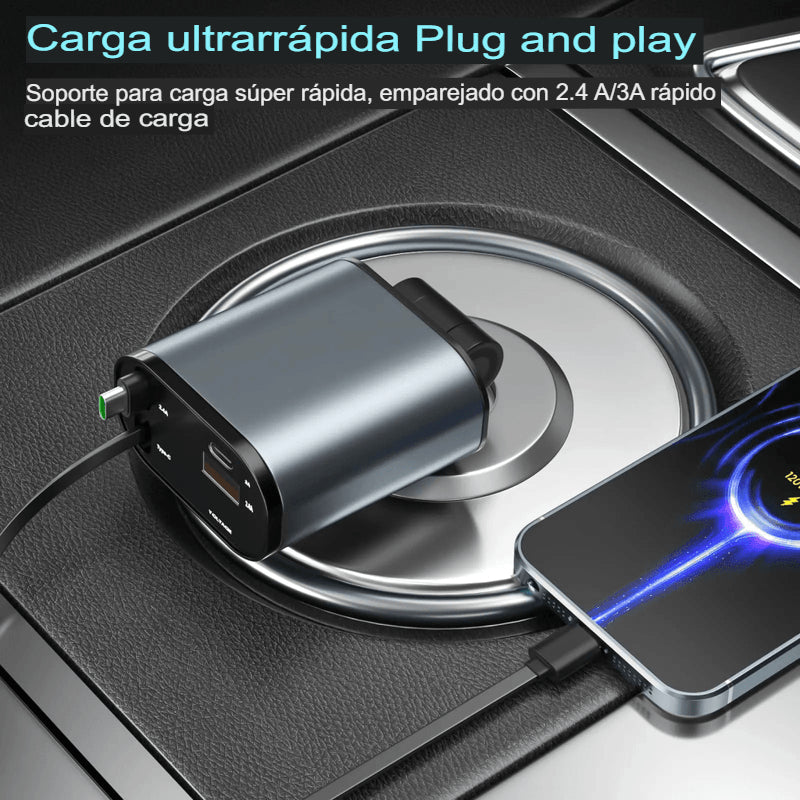 Cargador de Auto retráctil para teléfono - Carga rápida - Iphone y Android - Usb, Lightning typo C