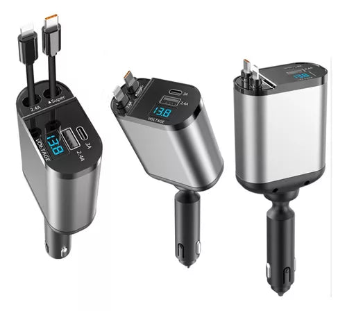 Cargador de Auto retráctil para teléfono - Carga rápida - Iphone y Android - Usb, Lightning typo C