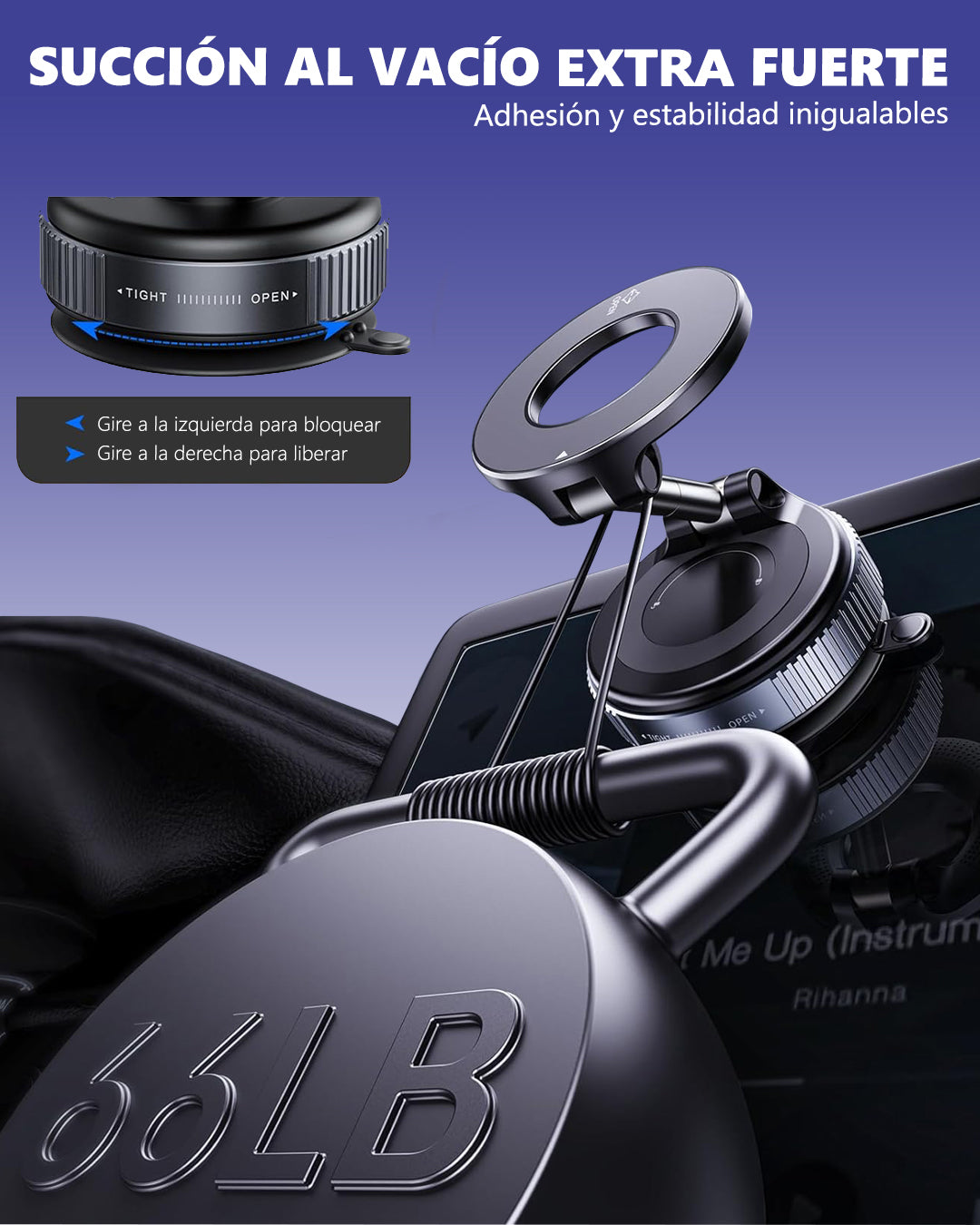 Soporte Celular magnético MagSafe para vehículos, oficina, videos - Extra fuerte con Ventosa, Giro 360° ajustable, iPhone y Android