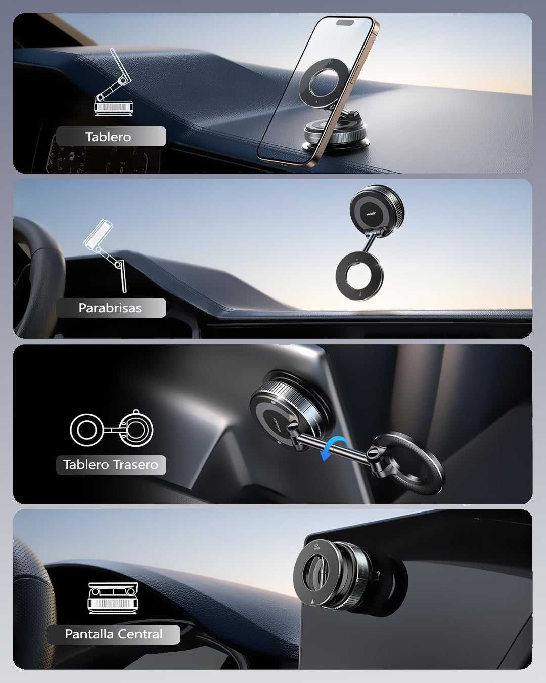 Soporte Celular magnético MagSafe para vehículos, oficina, videos - Extra fuerte con Ventosa, Giro 360° ajustable, iPhone y Android