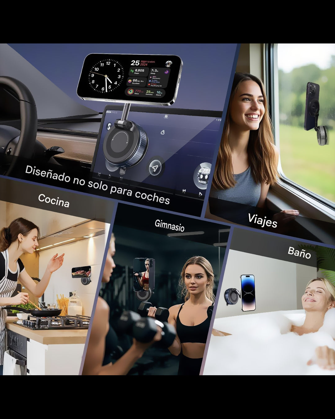 Soporte Celular magnético MagSafe para vehículos, oficina, videos - Extra fuerte con Ventosa, Giro 360° ajustable, iPhone y Android