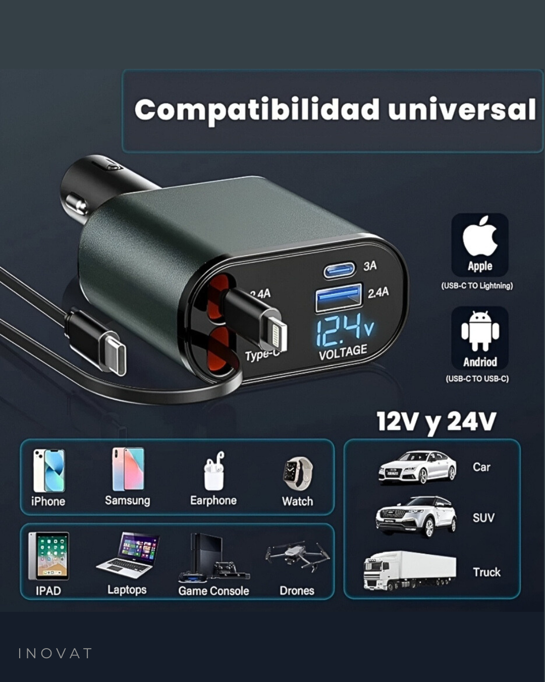 Cargador de Auto retráctil para teléfono - Carga rápida - Iphone y Android - Usb, Lightning typo C