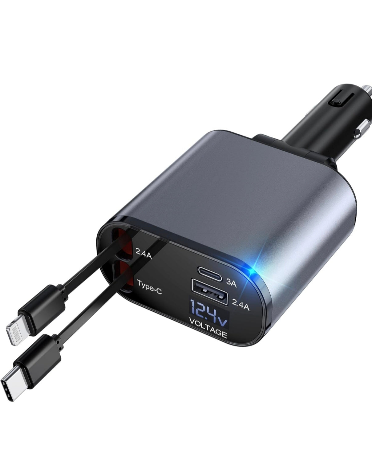 Cargador de Auto retráctil para teléfono - Carga rápida - Iphone y Android - Usb, Lightning typo C