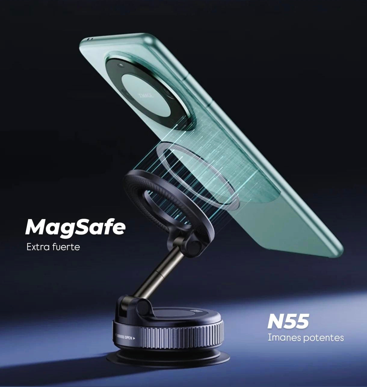 Soporte Celular magnético MagSafe para vehículos, oficina, videos - Extra fuerte con Ventosa, Giro 360° ajustable, iPhone y Android