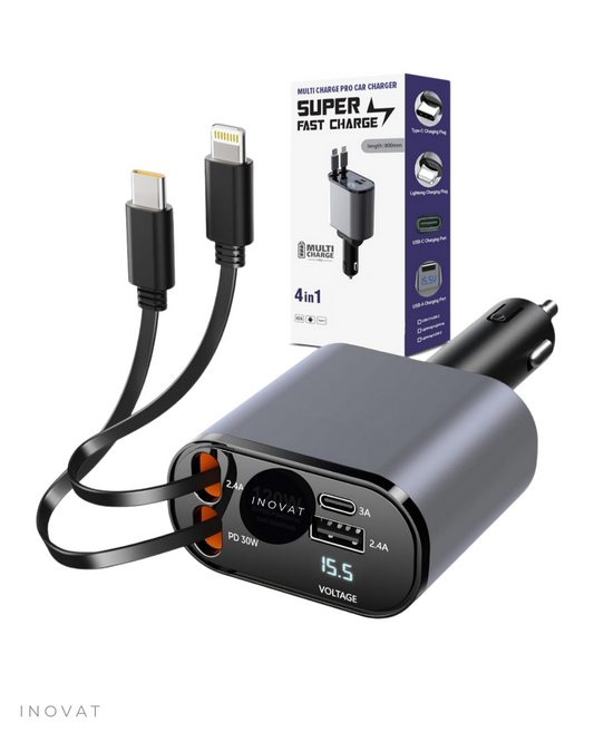 Cargador de Auto retráctil para teléfono - Carga rápida - Iphone y Android - Usb, Lightning typo C